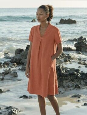 Poetry Rust V-Neck Short Sleeve Linen Dress Size 10